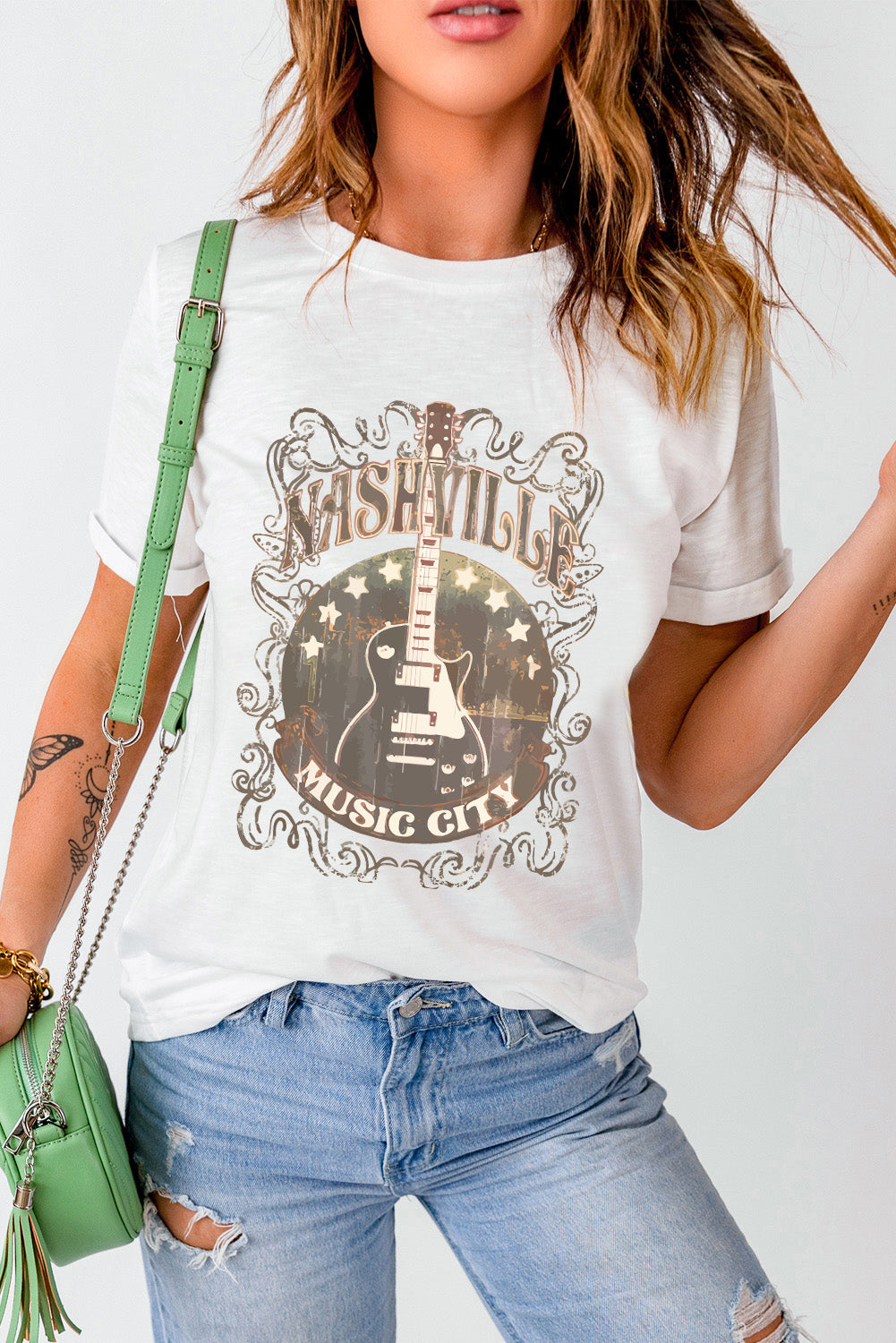 Nashville Music City Rustic Graphic Shirt Retro Guitar Americana Short Sleeve Top