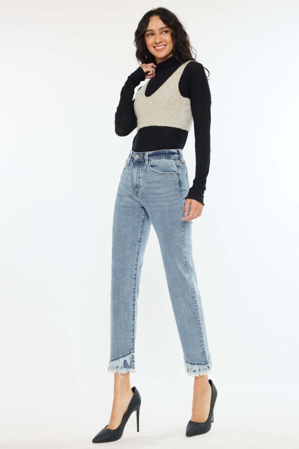 KanCan High-Rise Straight Leg Frayed Fringe Double Raw Hem Jeans Denim Pants