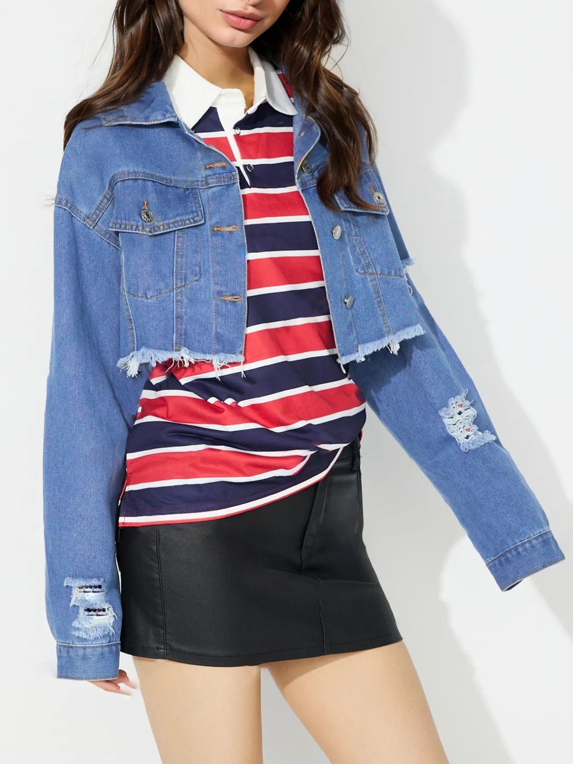 Cropped Distressed Jean Jacket Raw Frayed Hem Button Blue Denim Long Sleeve