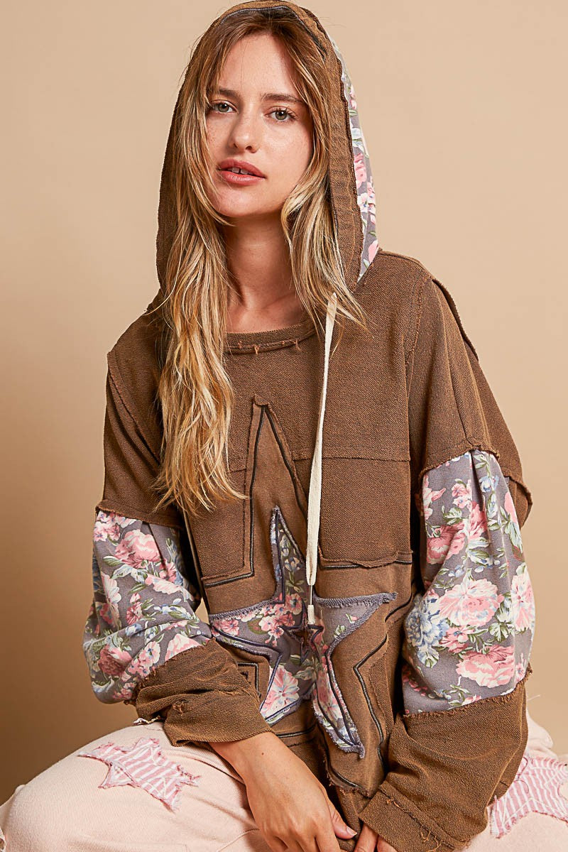 POL Hoodie French Terry Star Patchwork Raw Seam Oversized Top Hippie Boho Shirt