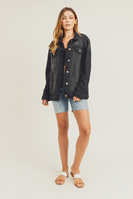 RISEN Distressed Cotton Denim Jean Jacket Long Sleeve Black Button-up Collar