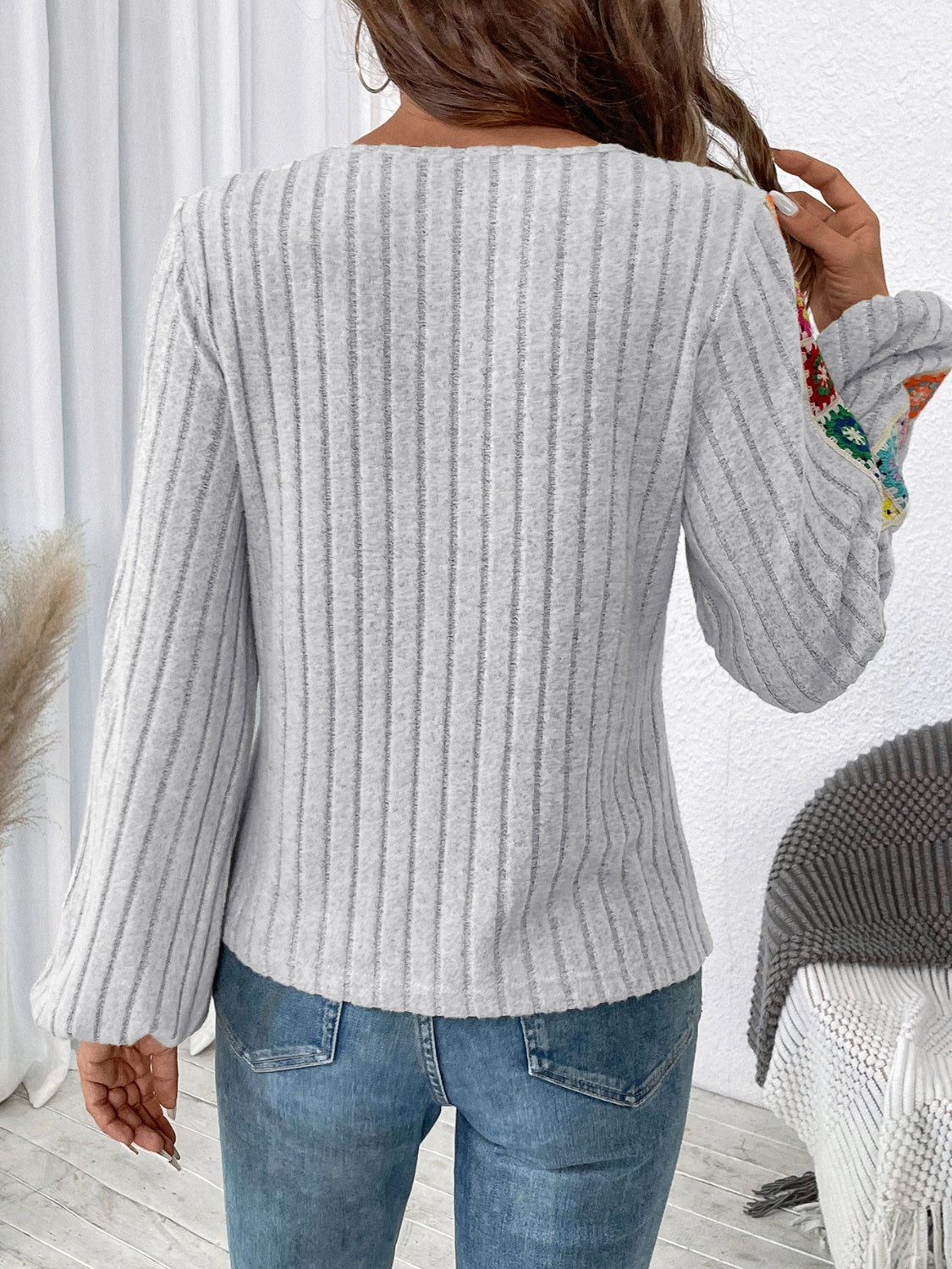 Colorful Embroidered Blouse Bohemian Long Sleeve Ribbed Shirt Round Neck Retro Hippie Top