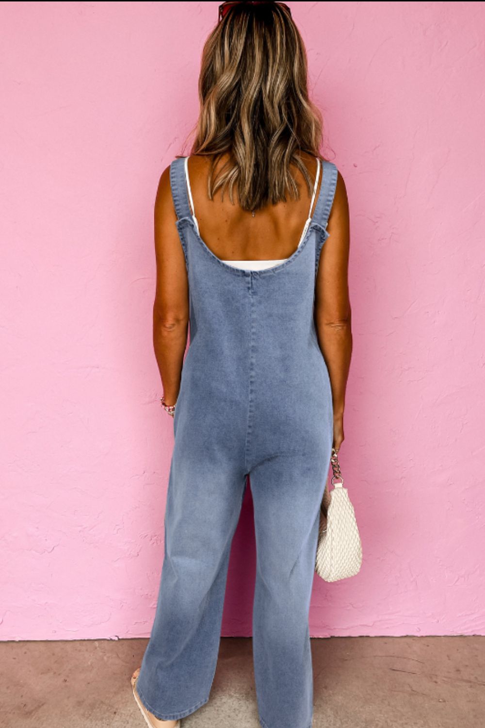 Retro Patch Pocket Denim Wide Leg Sleeveless Buttoned Blue Jean Pant Overalls