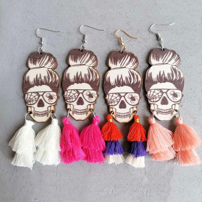 Messy Bun Wood Skeleton Tassel Dangle Earrings Halloween Artisan Jewelry