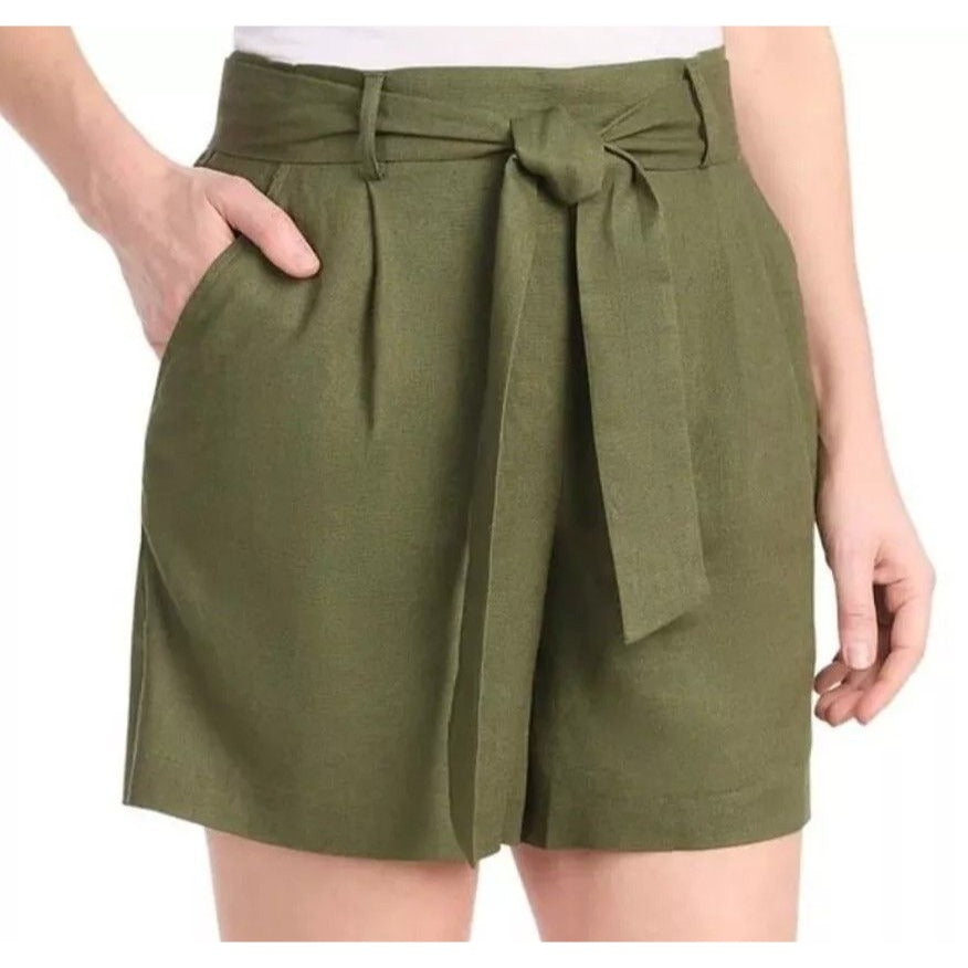Dalia Women Belted Tie Linen Blend Elastic Waist Shorts Lightweight Breathable Olive Green