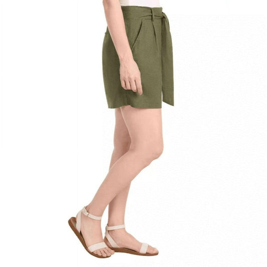 Dalia Women Belted Tie Linen Blend Elastic Waist Shorts Lightweight Breathable Olive Green