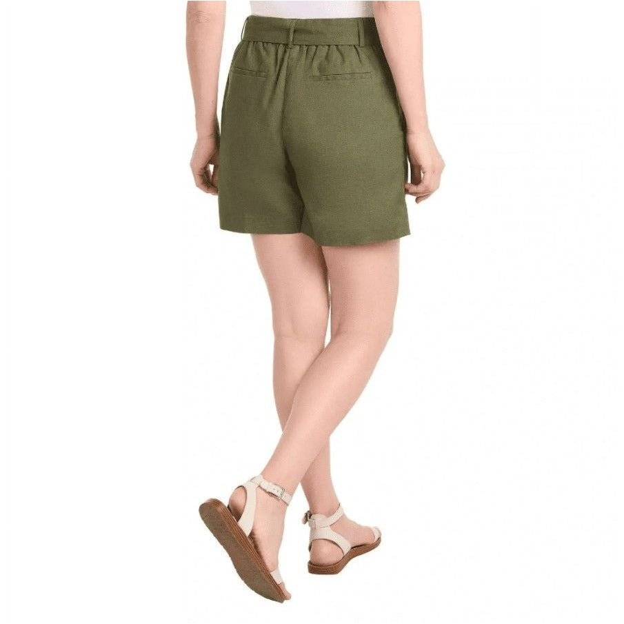 Dalia Women Belted Tie Linen Blend Elastic Waist Shorts Lightweight Breathable Olive Green
