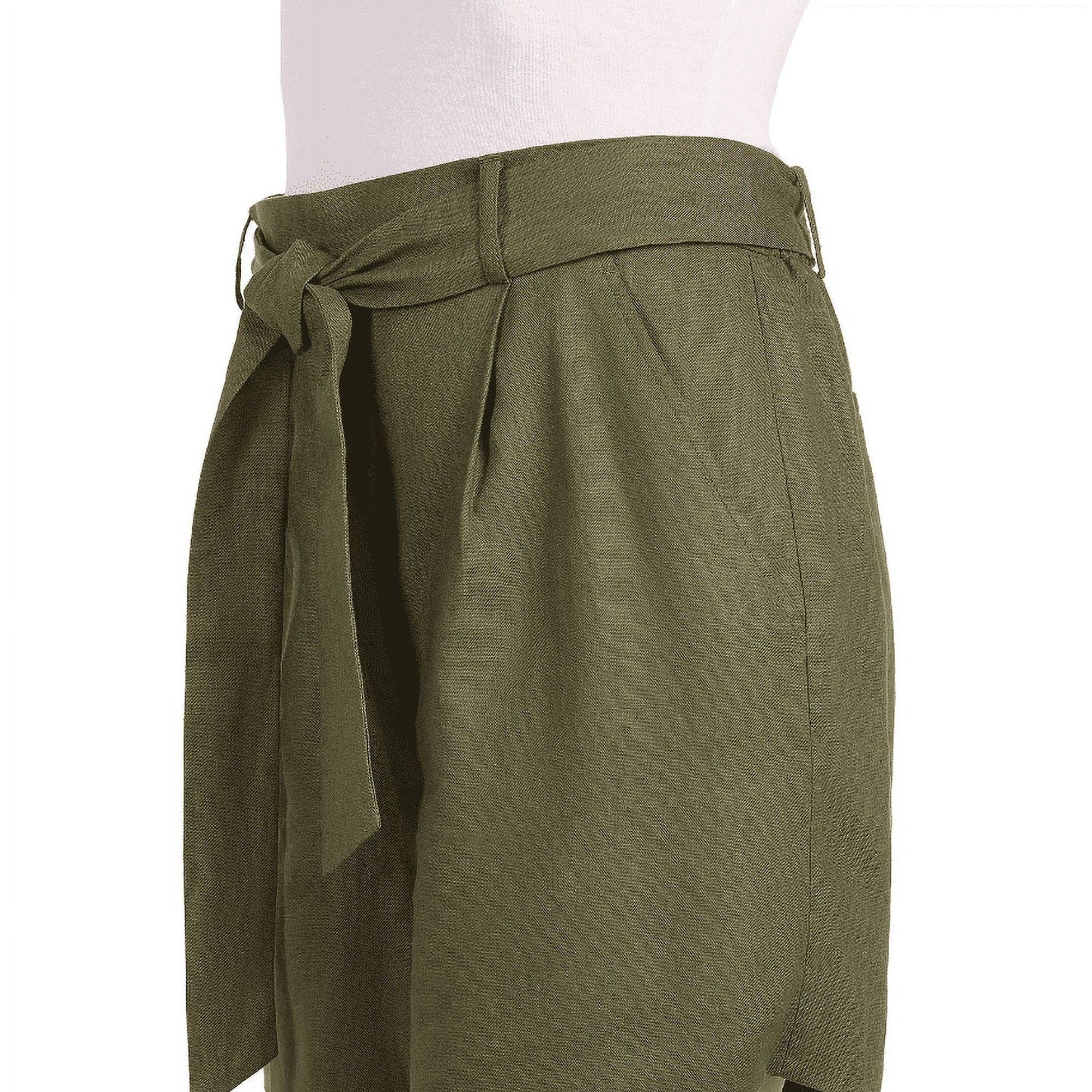 Dalia Women Belted Tie Linen Blend Elastic Waist Shorts Lightweight Breathable Olive Green