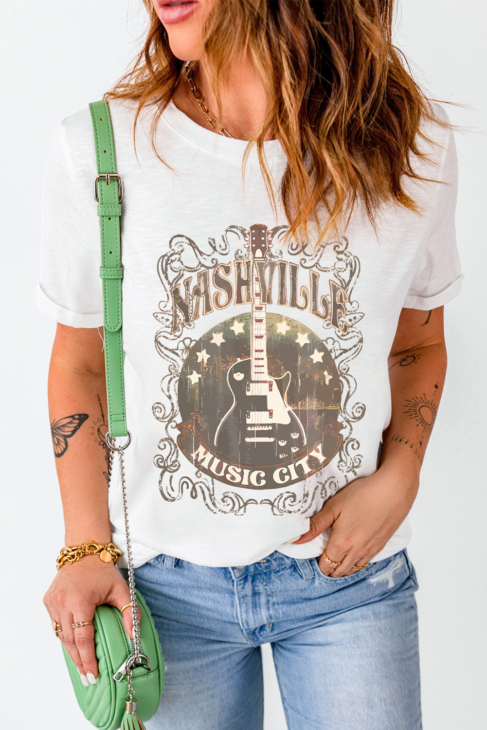 Nashville Music City Rustic Graphic Shirt Retro Guitar Americana Short Sleeve Top