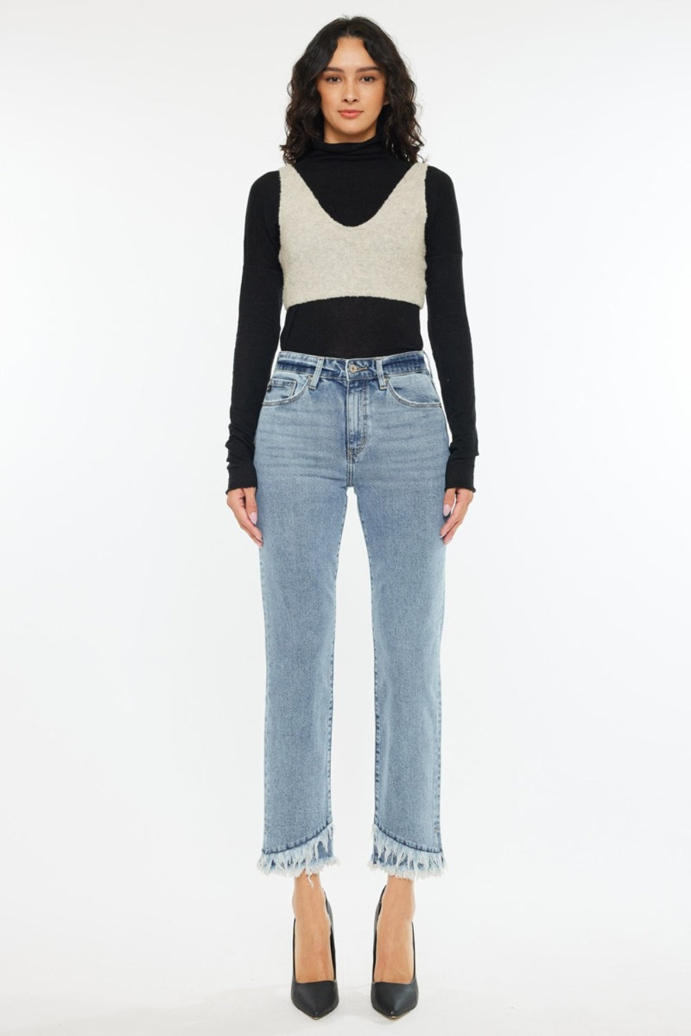 KanCan High-Rise Straight Leg Frayed Fringe Double Raw Hem Jeans Denim Pants