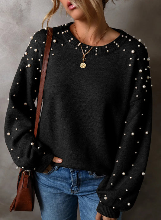 Pearl Beaded Knit Sweater Classy Pullover Long Sleeve Round Neck Sophisticated Top