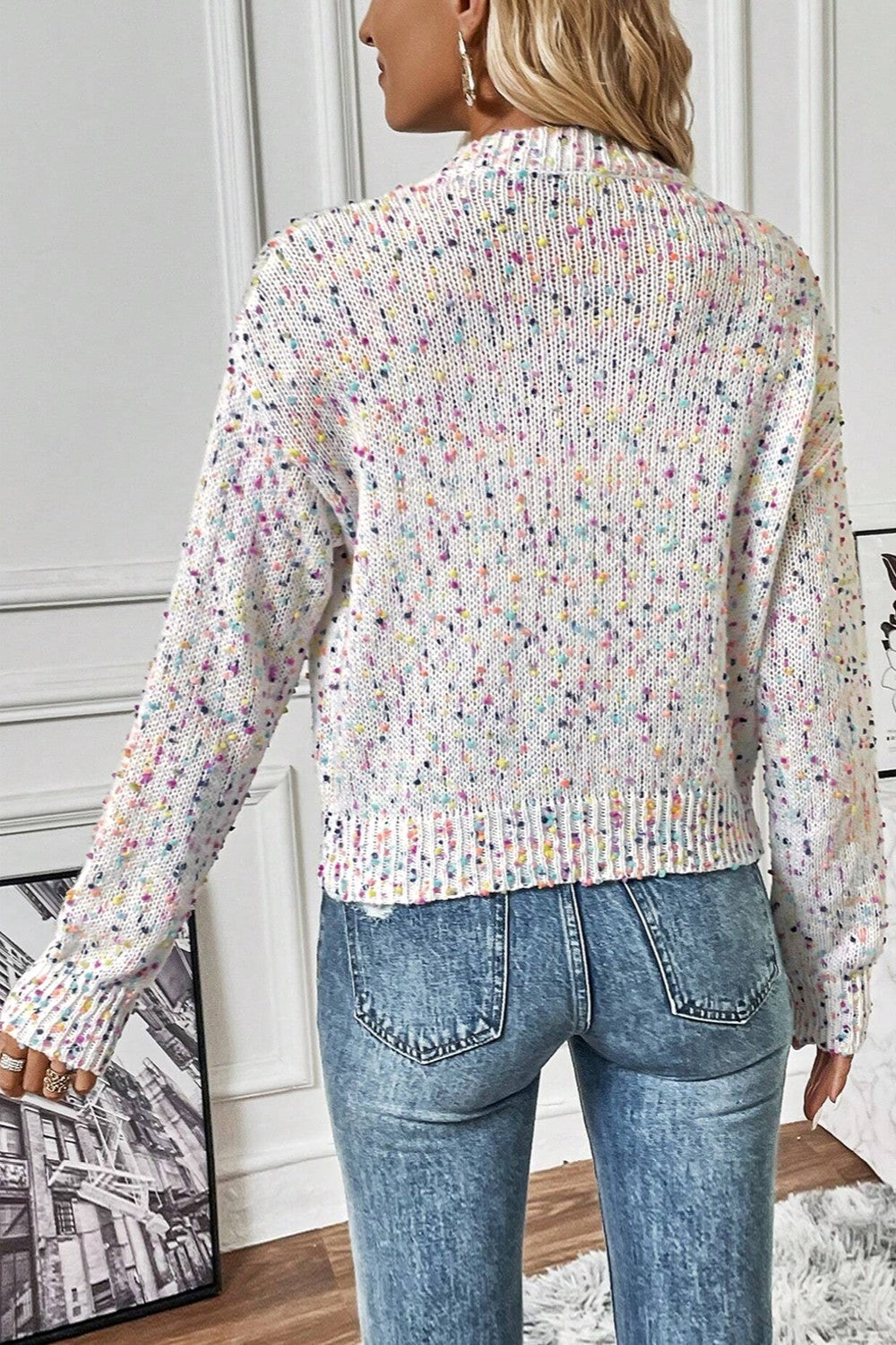 Colorful Popcorn Confetti Knit Cardigan Long Sleeve Round Neck Button-Up Sweater