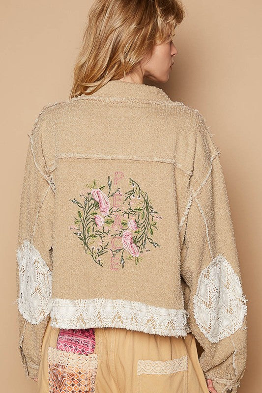 POL Peace Embroidered Floral Crochet Knit Frayed Patchwork Boho Button-up Jacket