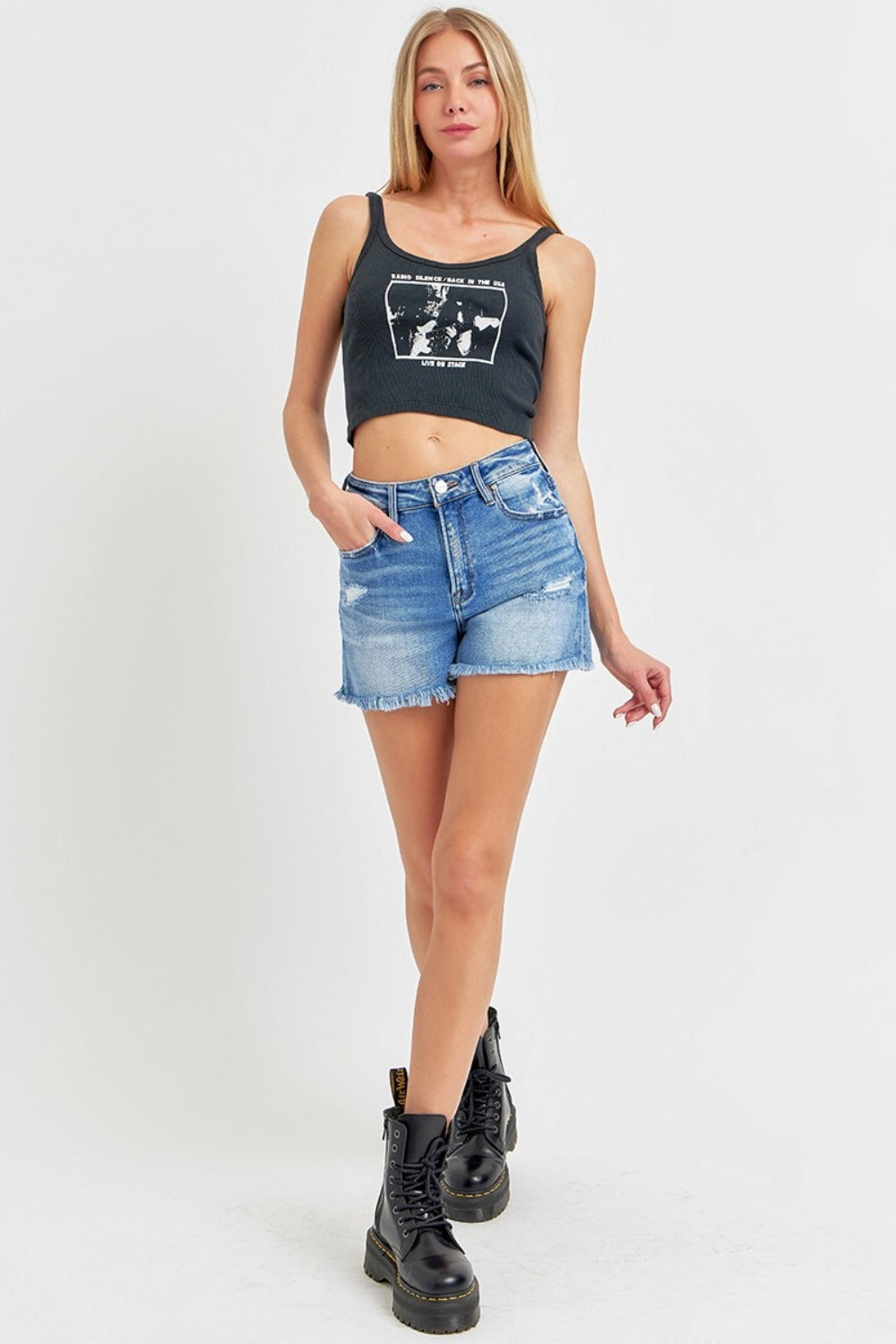 RISEN Frayed High Rise Waist Distressed Cut-off Denim Mid-length Blue Jean Shorts