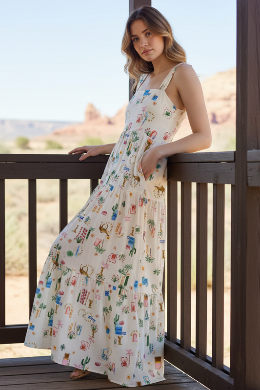 Dramatic Tie Back Mediterranean Square Neck Wide Strap Tiered Maxi Dress