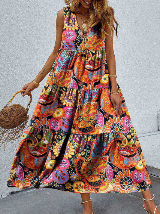 Bold Colorful Retro Floral Sleeveless Tiered V-Neck Oversized Summer Maxi Dress