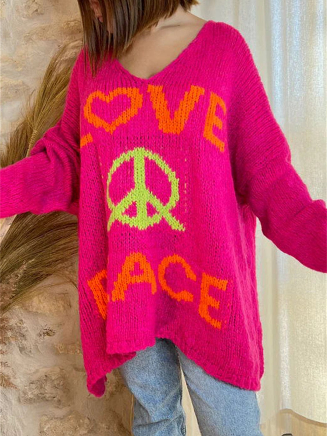 LOVE PEACE Oversized Colorful Knit Top Long-Sleeve Pullover Baggy Sweater Shirt