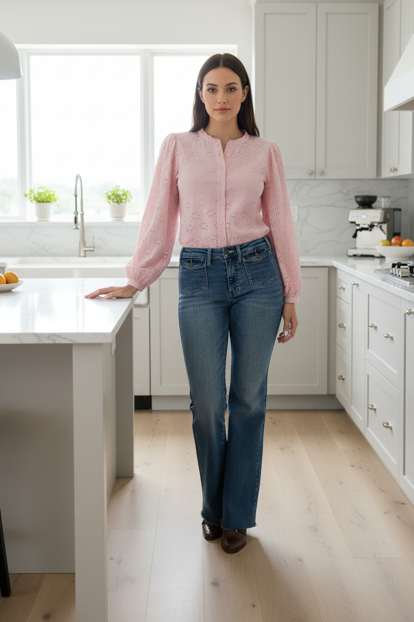 Judy Blue Mid-Rise Slim Fit Flare Leg Denim Jeans Retro Front Flap Pocket Pants
