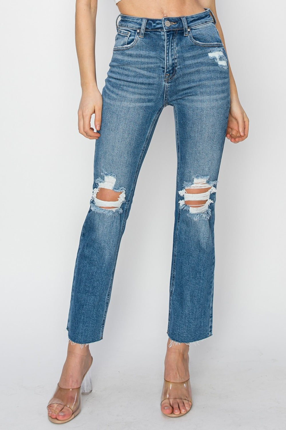 RISEN High-Rise Straight Leg Distressed Ankle Frayed Raw Hem Jeans Denim Pants