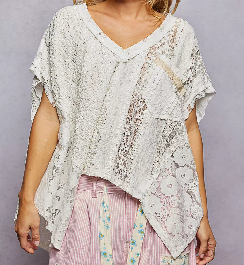 POL Lace Patchwork Asymmetrical Drape Shirt Oversized V-Neck Exposed Seam Top Off-white