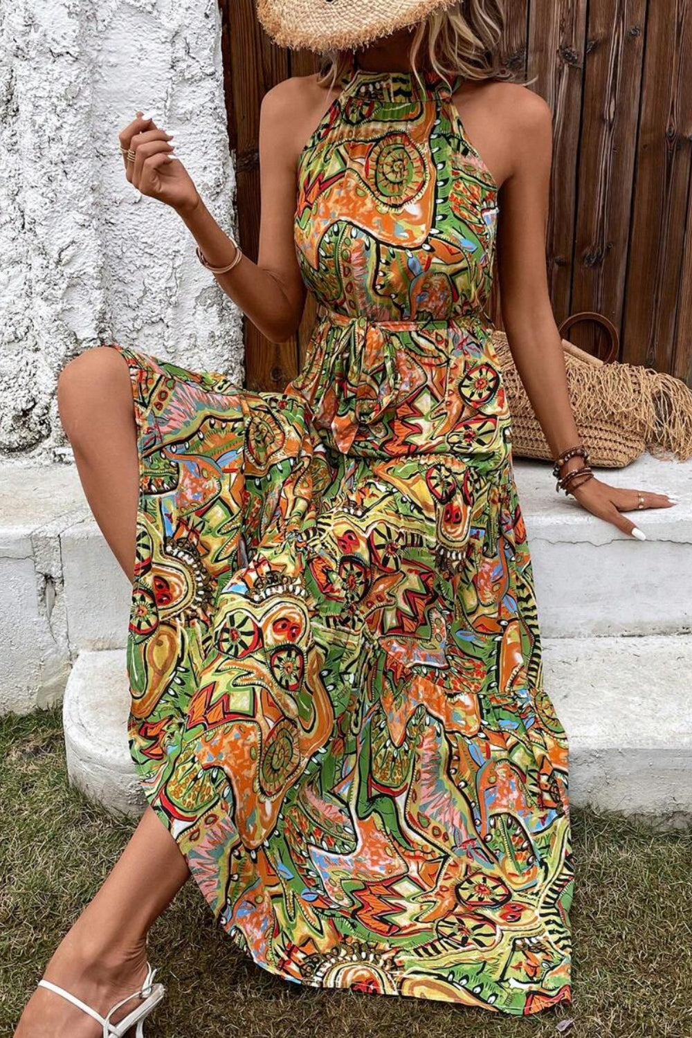 Grecian High-Neck Tie Belt Sleeveless Bold Colorful Tiered Maxi Summer Dress