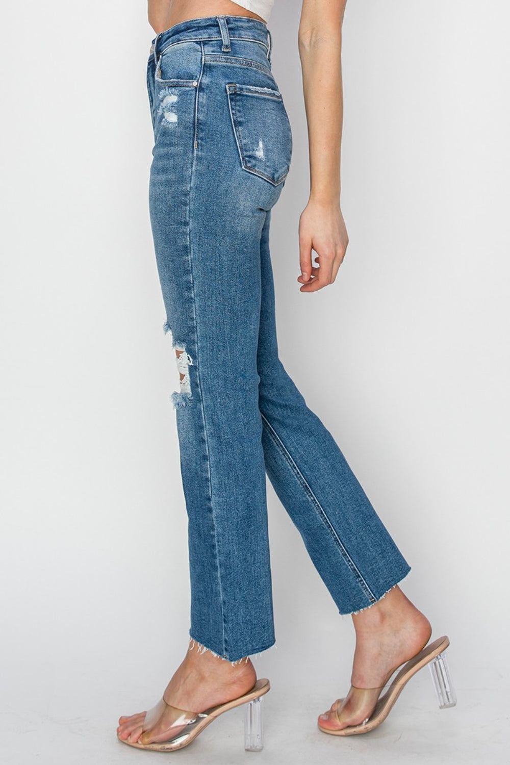 RISEN High-Rise Straight Leg Distressed Ankle Frayed Raw Hem Jeans Denim Pants