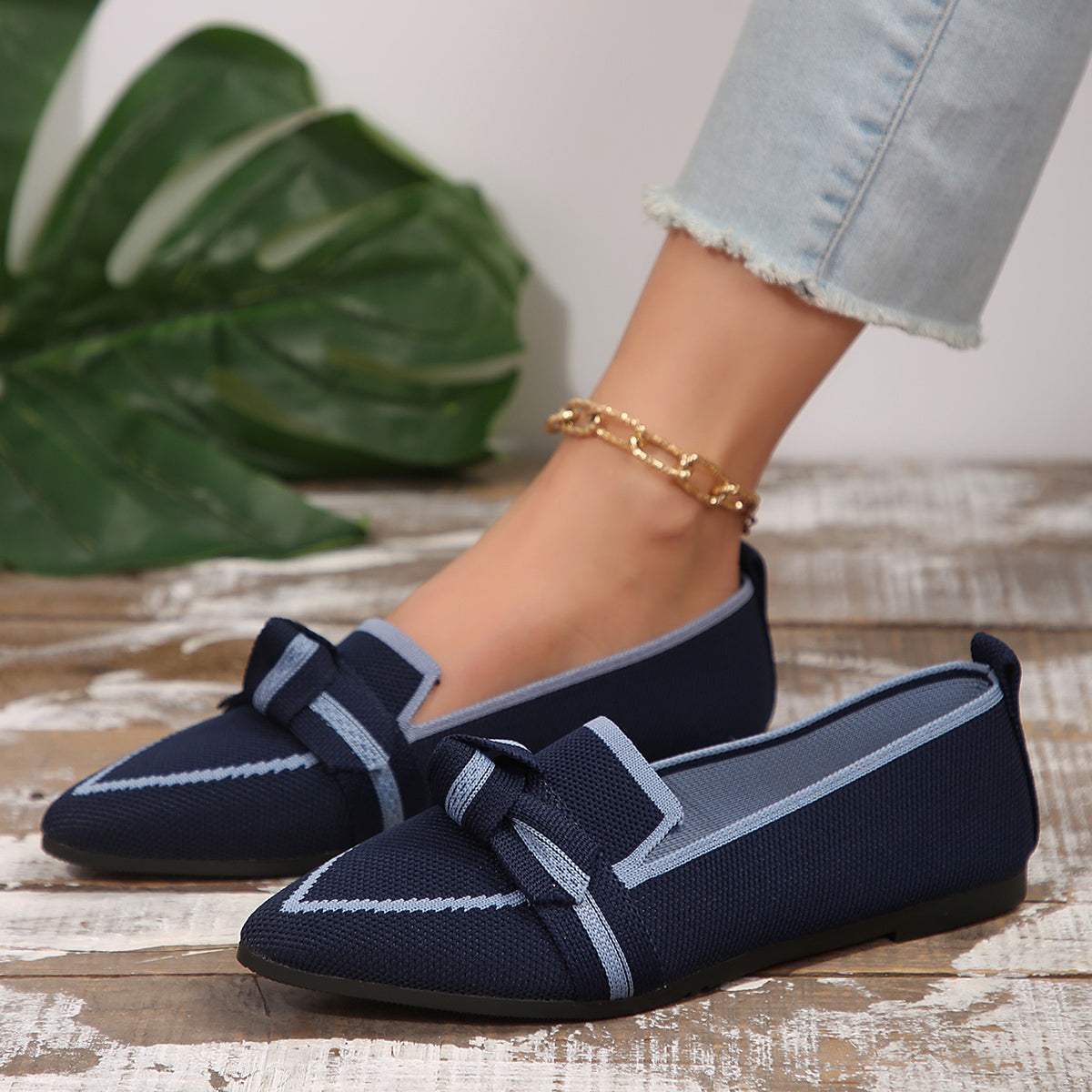 Pointed Bow Top Knit Contrasting Stripe Ballet Flat Casual Loafer Slip-on Shoes