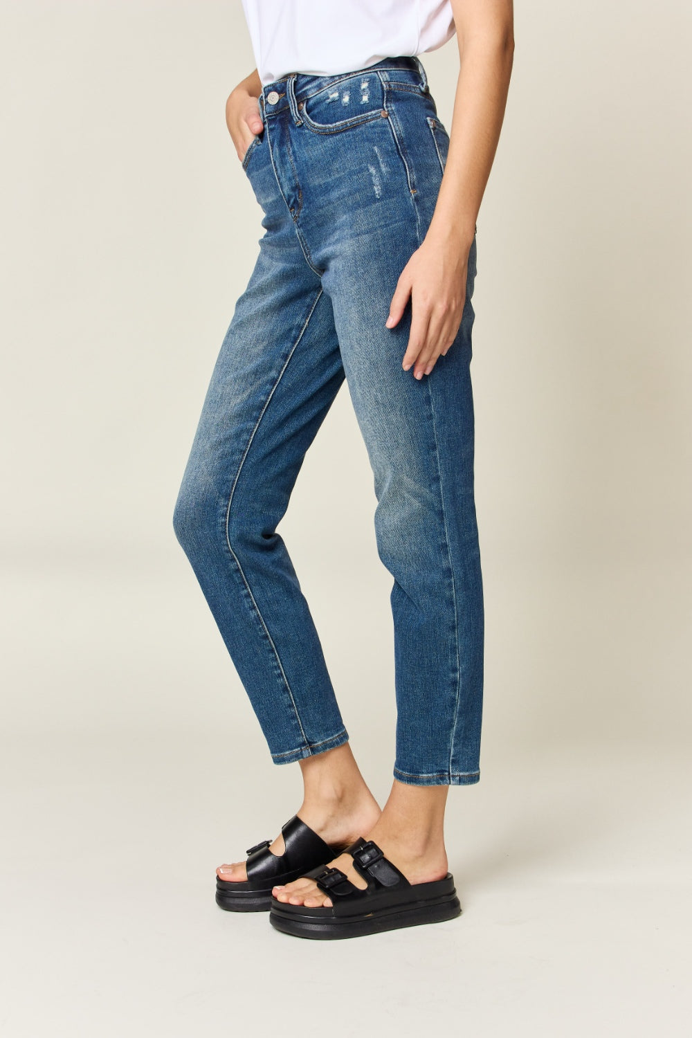 Judy Blue Tummy Control High-Rise Waist Distressed Slim Fit Stretch Dark Denim Ankle Jean Pants