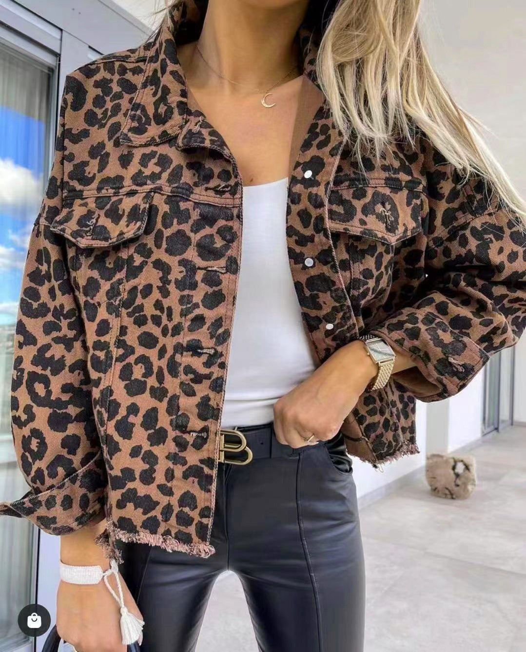 Leopard Print Denim Distressed Jean Jacket Button-Up Classic Collar Mobwife Glam