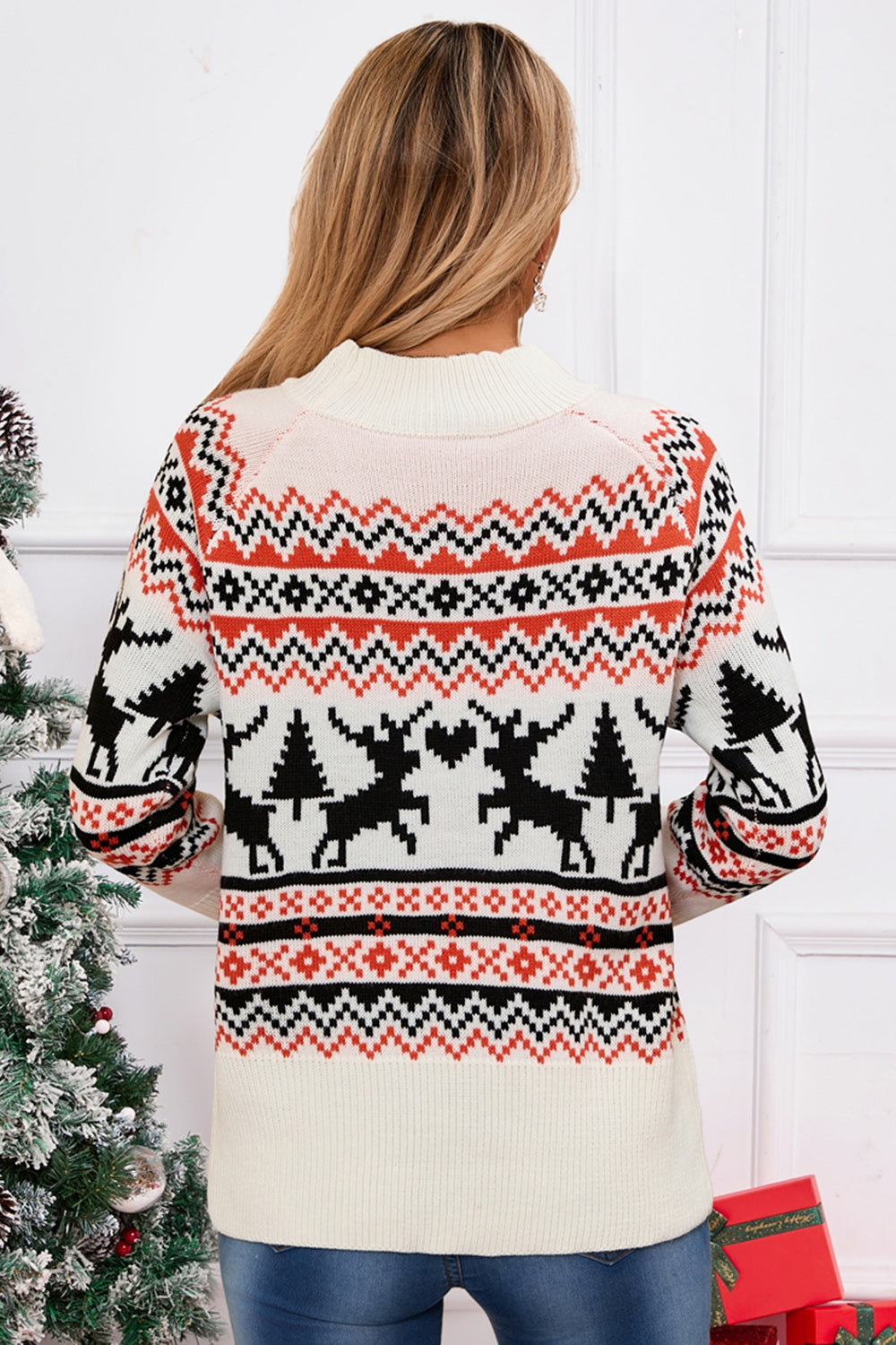 Reindeer Fair Isle Christmas Sweater Long-Sleeve Contrasting Holiday Heart Knit Top