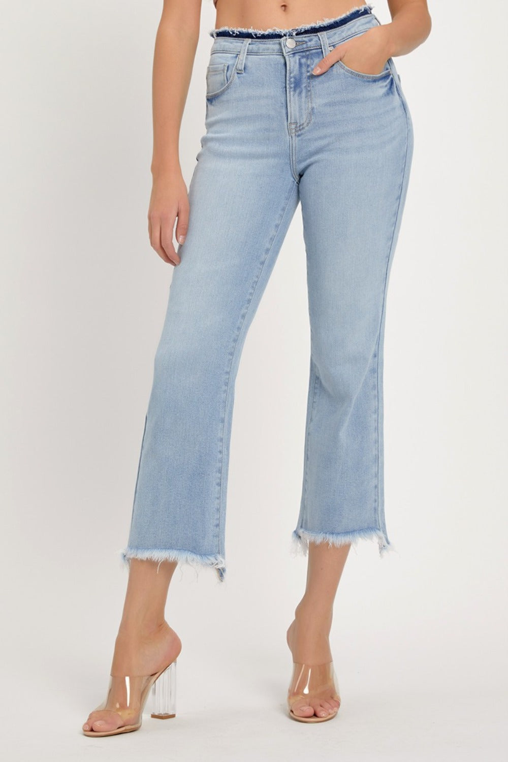 RISEN Slim High-Rise Waist Jeans Distressed Torn Cut-Off Cropped Denim Pants