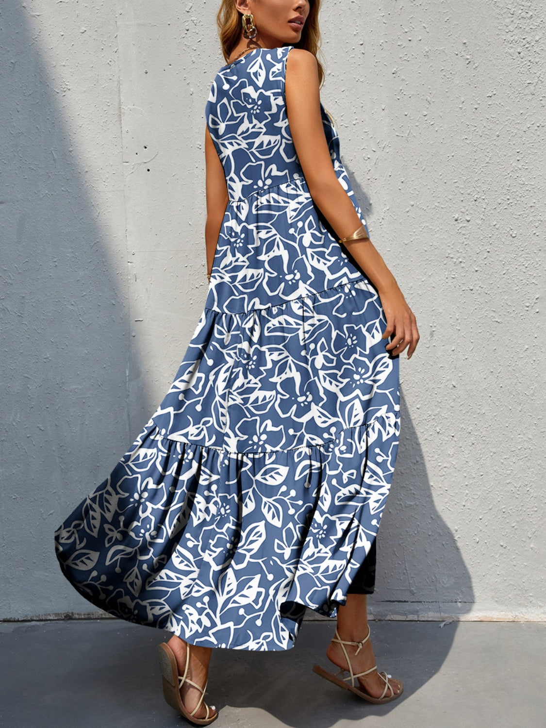 Bold Colorful Retro Floral Sleeveless Tiered V-Neck Oversized Summer Maxi Dress