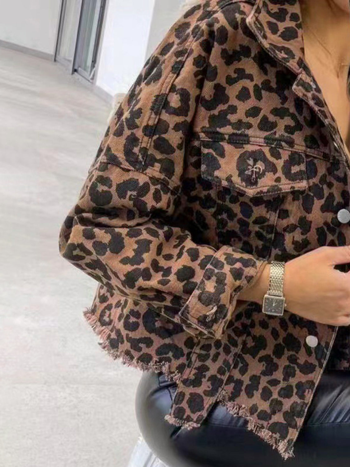 Leopard Animal Print Denim Jean Jacket Full Button Front Classic Collar Distressed Hem