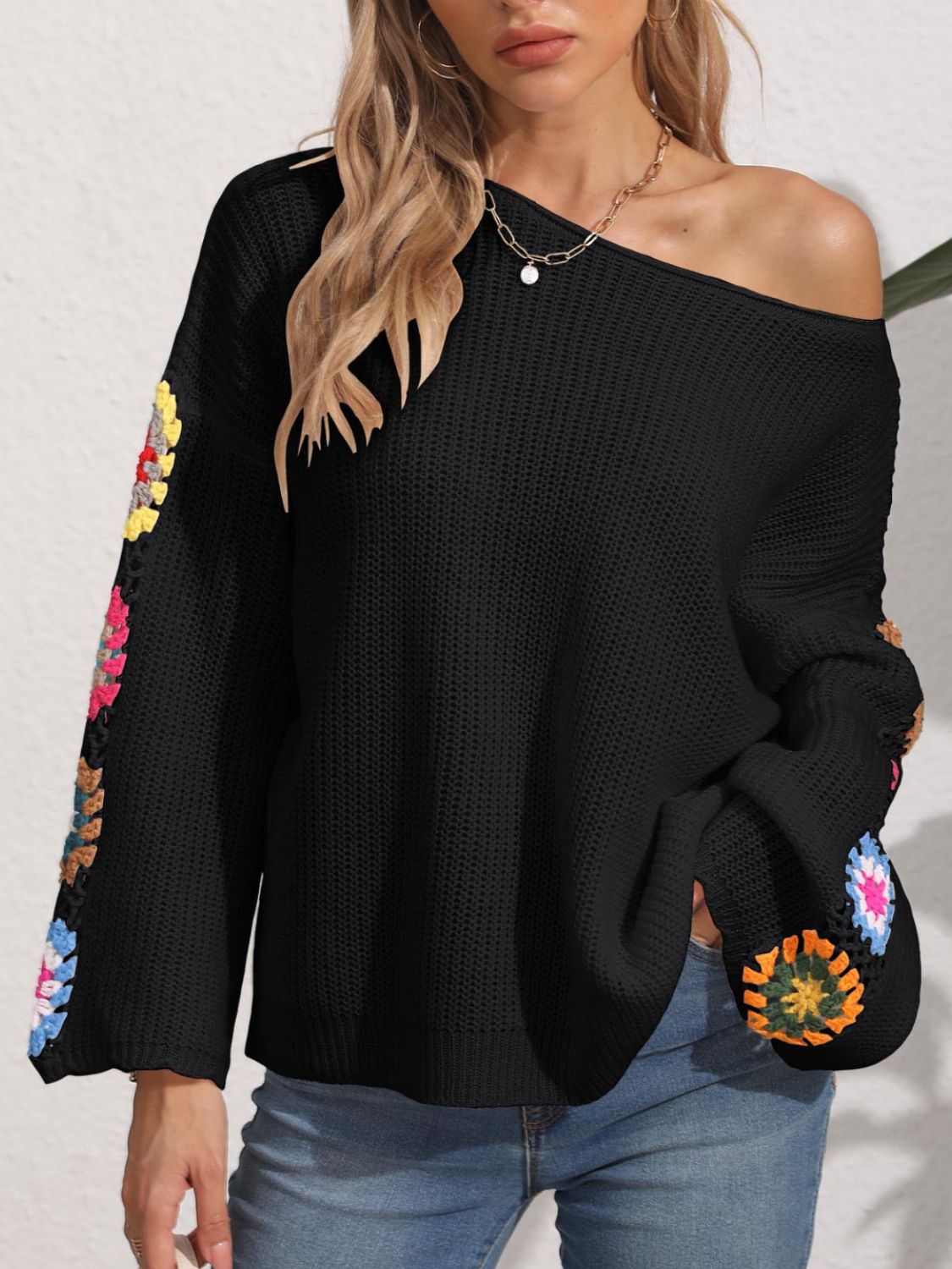 Colorful Crochet Flower Bohemian Long Sleeve Waffle Knit Shirt Oversized Retro Top