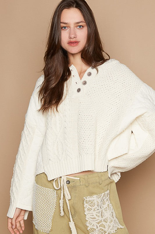 POL Hoodie Oversized Sweater Cable Knit Top Pullover Hippie Quarter Button Sweatshirt