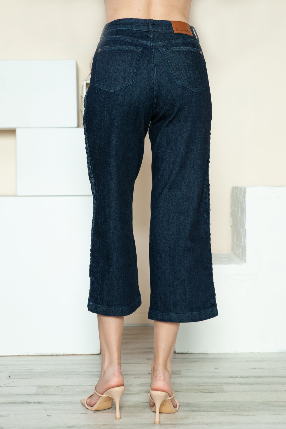 Judy Blue Braided High-Rise Wide Leg Cropped Hem Relaxed Boyfriend Denim Jean Pants