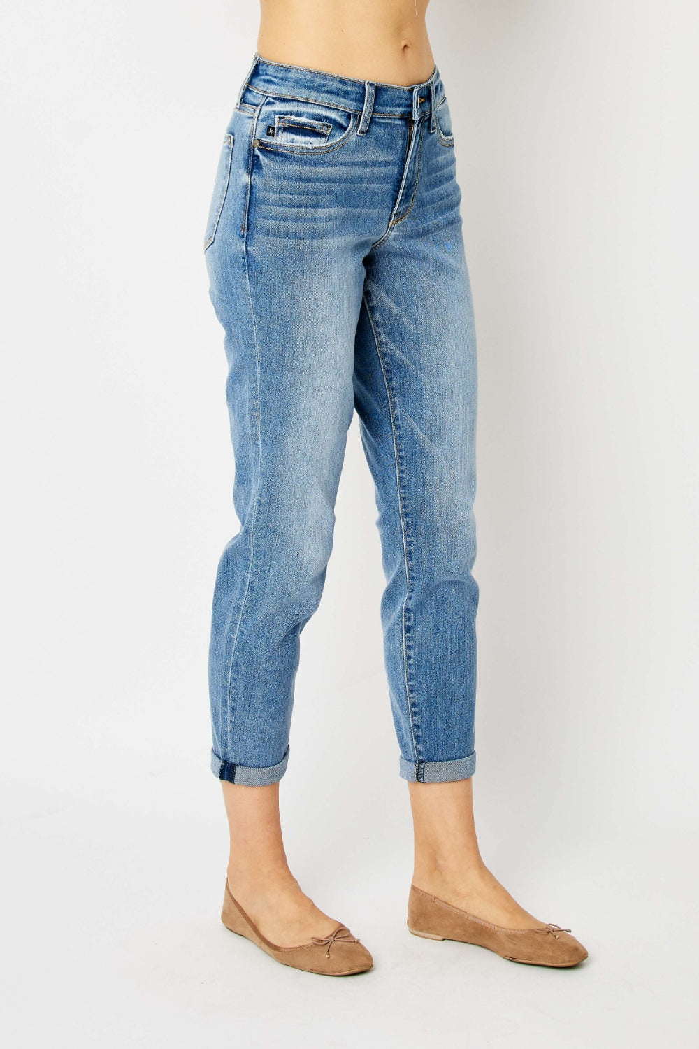 Slim Leg Mid-Rise Stretch Denim Pants Cropped Cuff Hem Mom Jeans Judy Blue