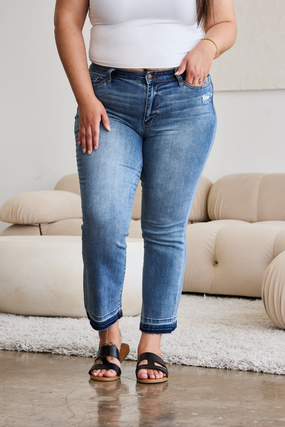 Judy Blue Mid-Rise Raw Distressed Wide Bootcut Cropped Hem Denim Jean Pants
