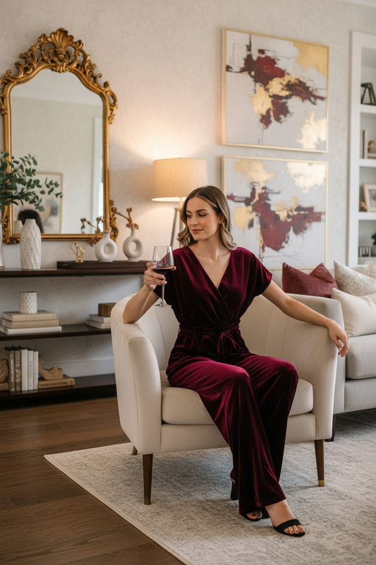 Velvet Jumpsuit One-piece Short Sleeve Drawstring Waist Wide Leg Pants Outfit