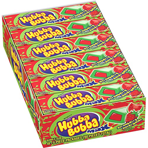 HUBBA BUBBA MAX Bubble Gum, 18- 5 piece packages (90 pieces total) - Outrageous Original, Strawberry Watermelon, Sour Blue Raspberry
