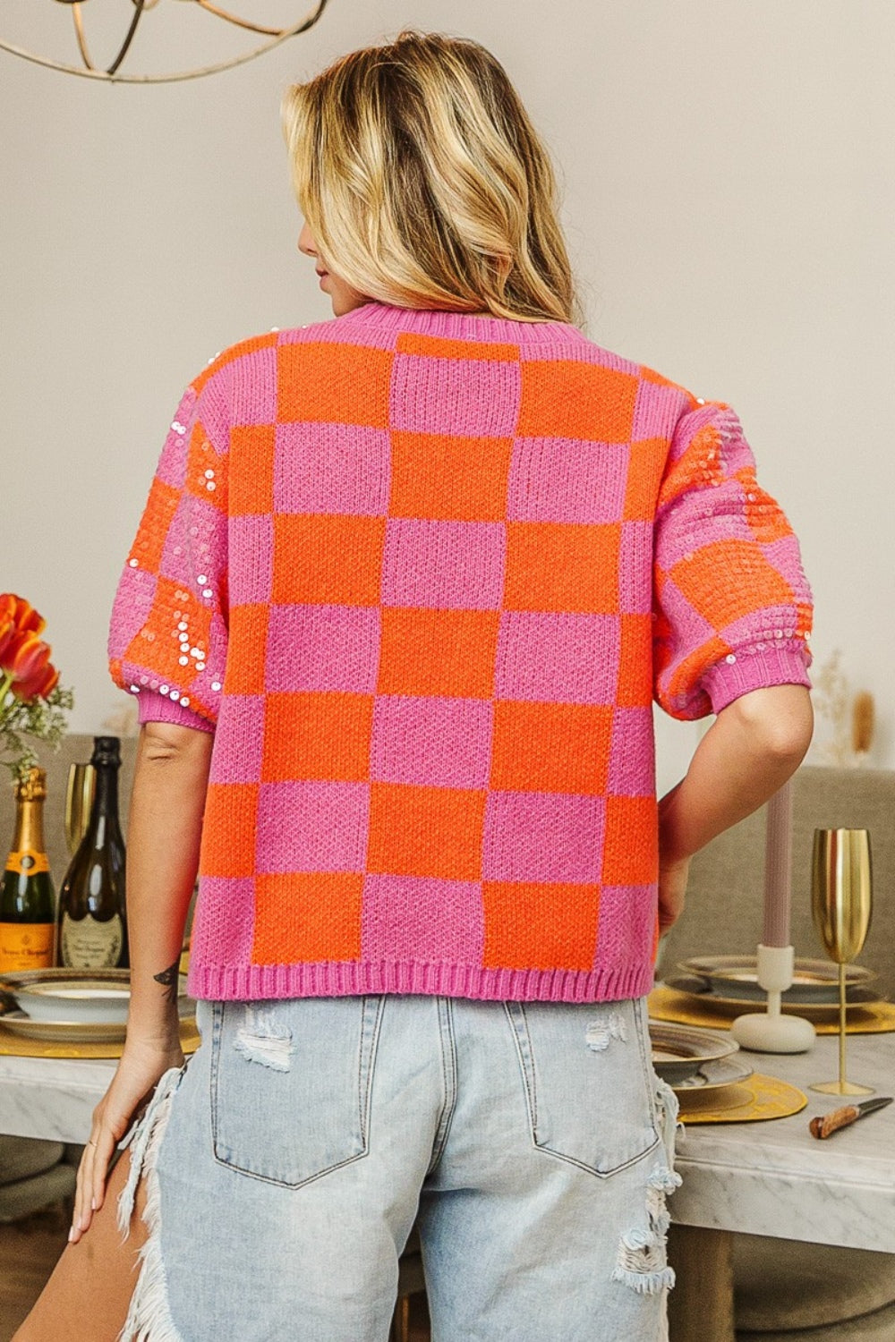 BiBi Sequin Knit Sweater Bright Checkered Top Sparkling Half Sleeve Retro Glam Shirt