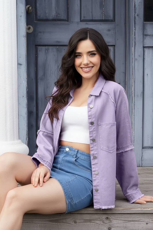 Lightweight Raw Hem Button-Up Shacket Oversized Boyfriend Exposed Seam Denim Jacket