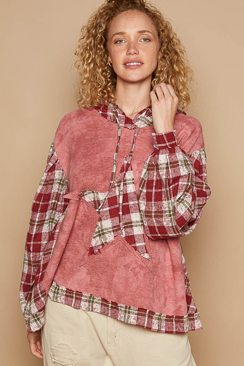 POL Hoodie Waffle Knit Star Patchwork Plaid Pullover Top Oversized Bohemian Shirt