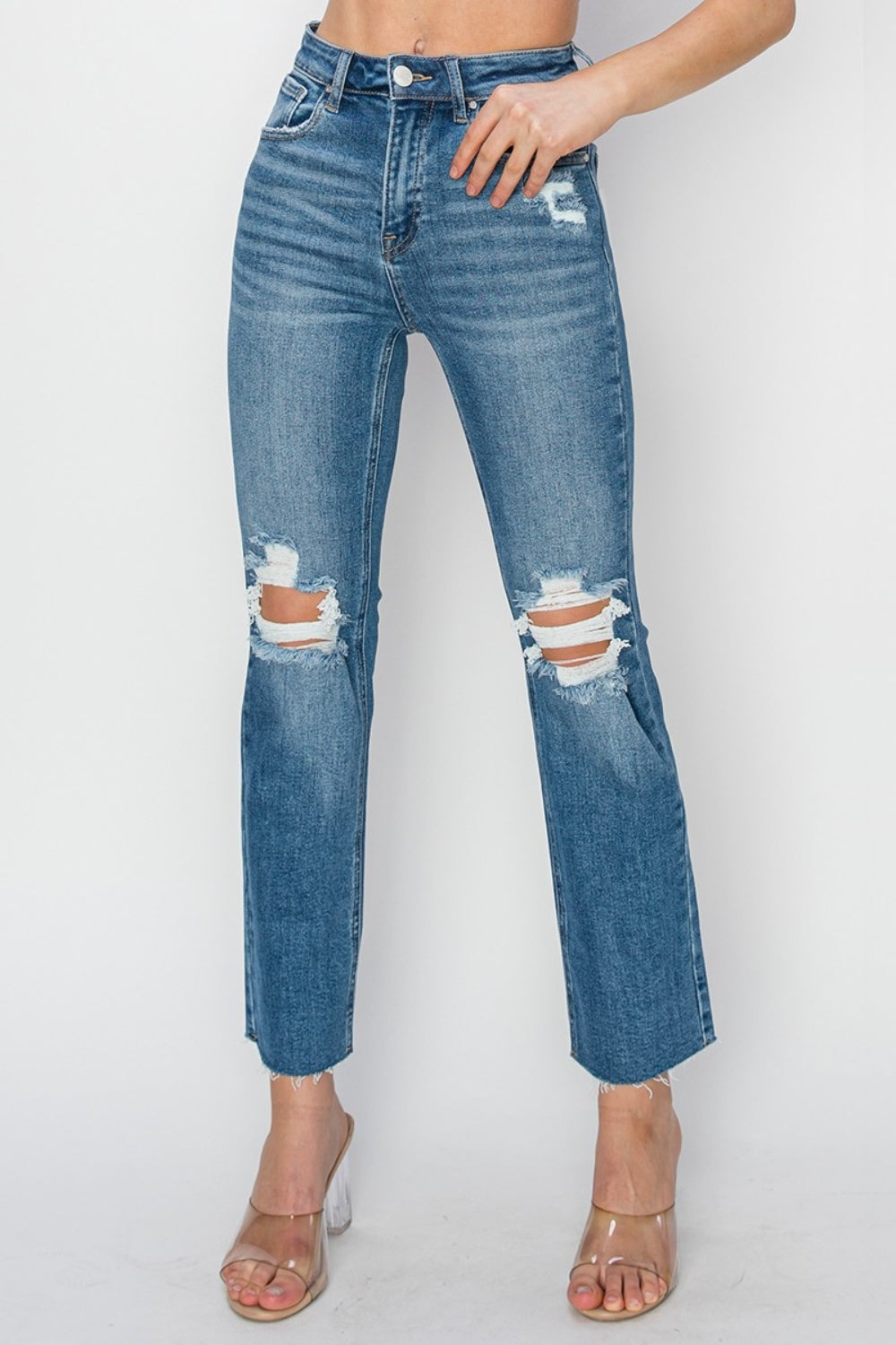 RISEN High-Rise Straight Leg Distressed Ankle Frayed Raw Hem Jeans Denim Pants