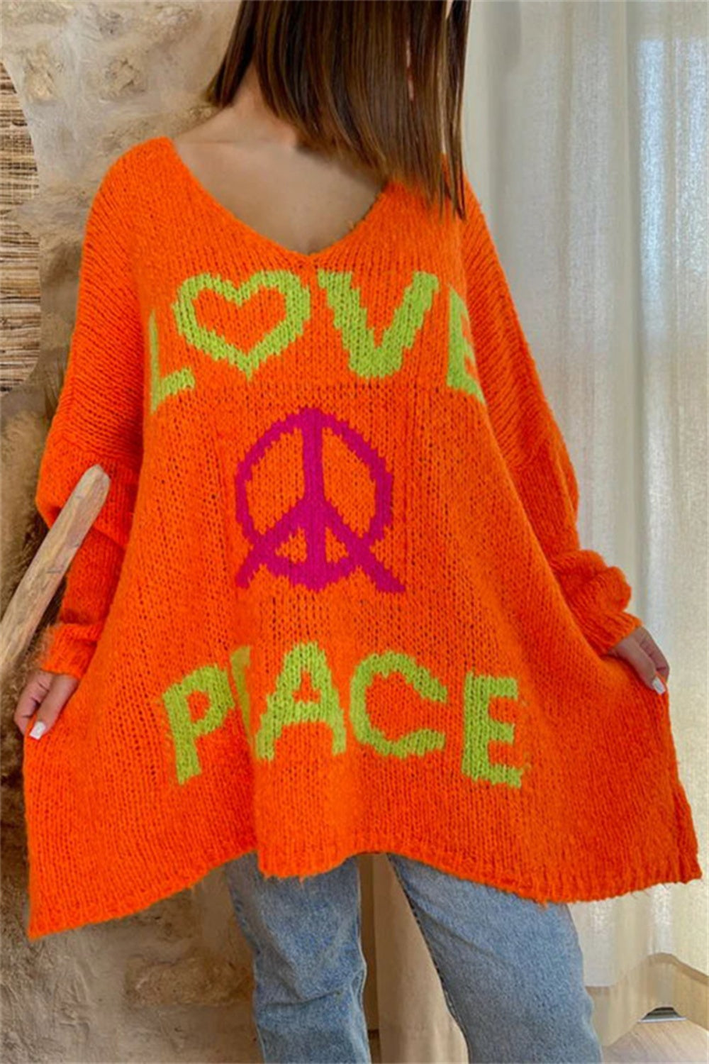 LOVE PEACE Oversized Colorful Knit Top Long-Sleeve Pullover Baggy Sweater Shirt