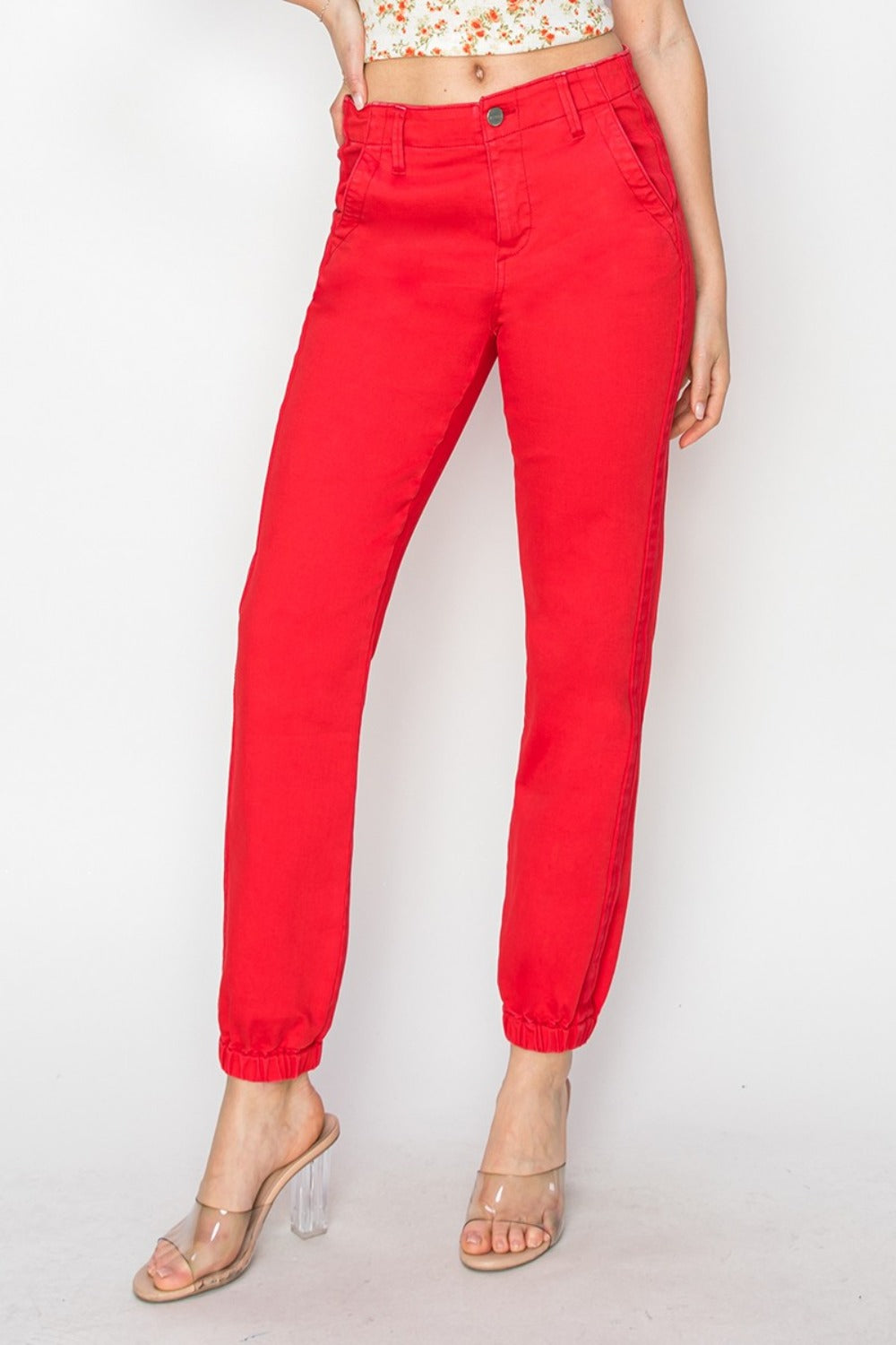 RISEN High-Rise Waist Jogger Pants Ankle Relaxed Straight Leg Red Denim Jeans