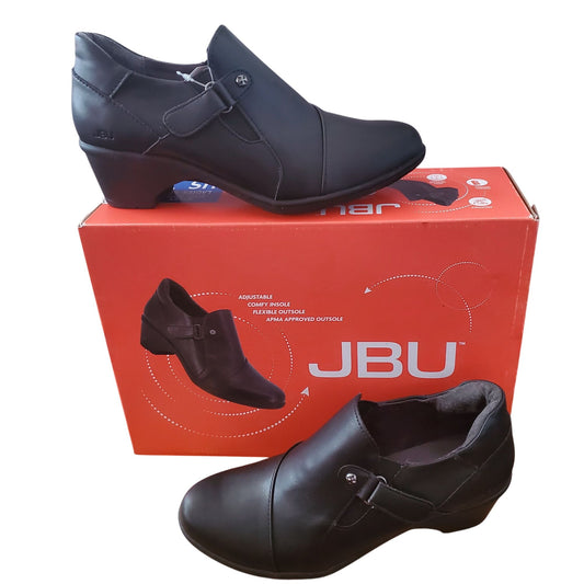 JBU Women 6.5 Kyley Grace Heeled Ankle Bootie Adjustable Shoe Black Faux leather