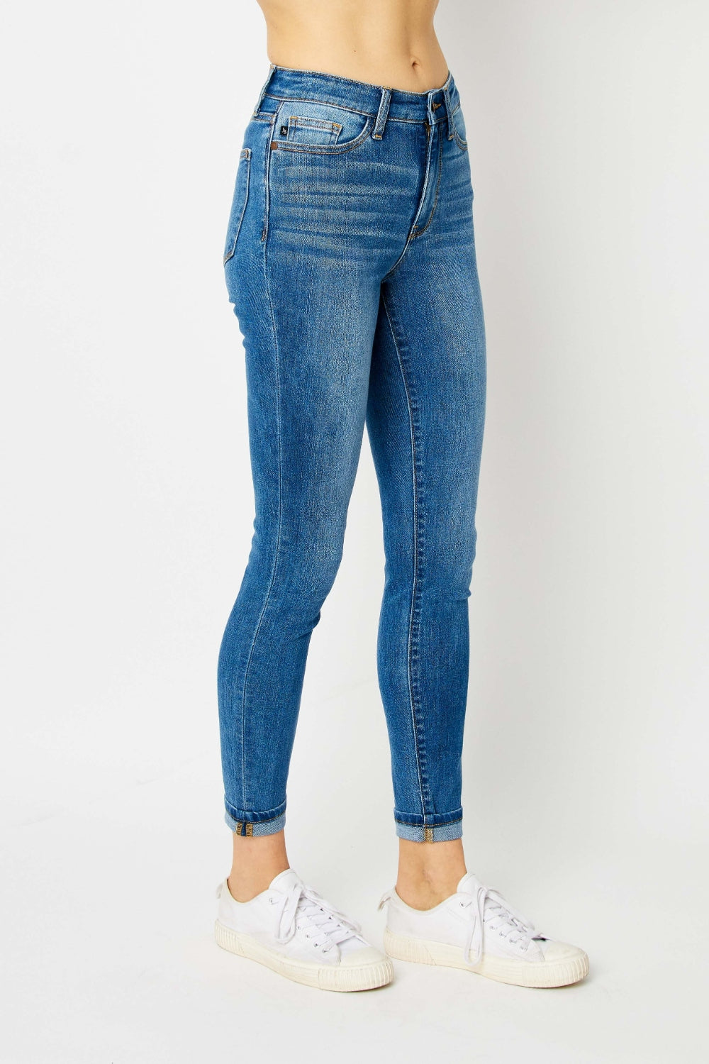 Skinny Stretch Slim Mid-Rise Denim Pants Cuffed Hem Judy Blue Jeans