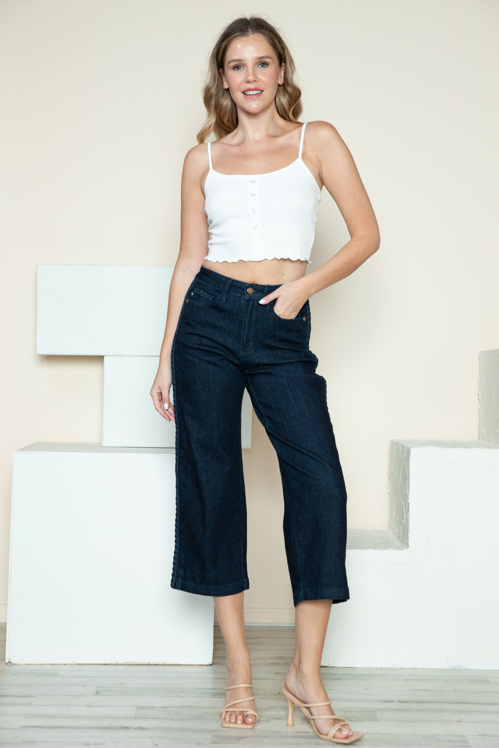 Judy Blue Braided High-Rise Wide Leg Cropped Hem Relaxed Boyfriend Denim Jean Pants