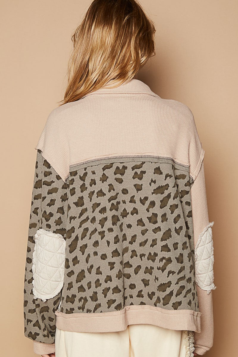 POL Quilted Patchwork Leopard Waffle Knit Exposed Seam Oversized Jacket Cardigan